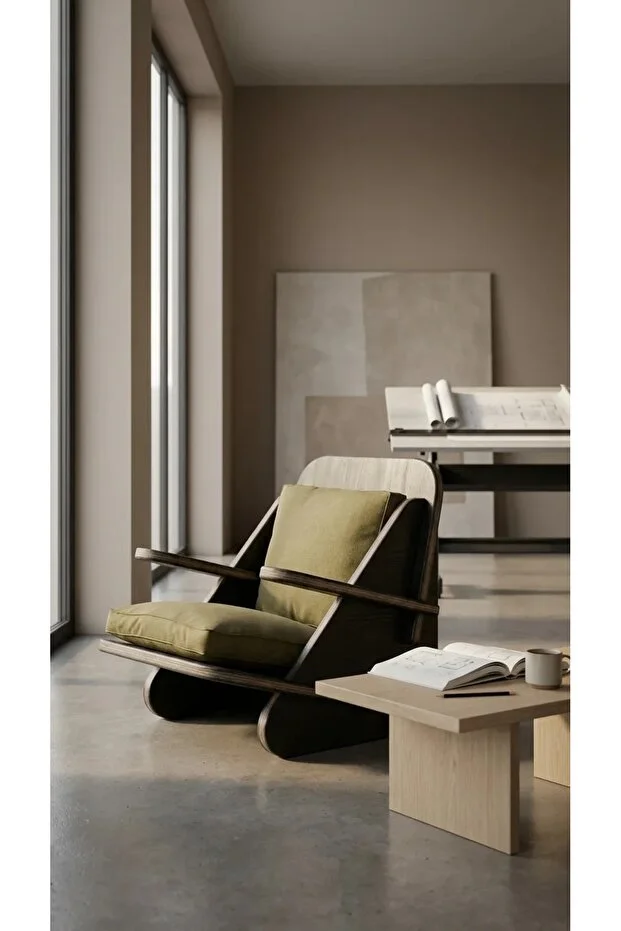 Berjer Tekli Ahşap Siyah Berjer Yeşil Keten Kumaş